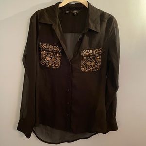 Sheer black button down with embellished pockets